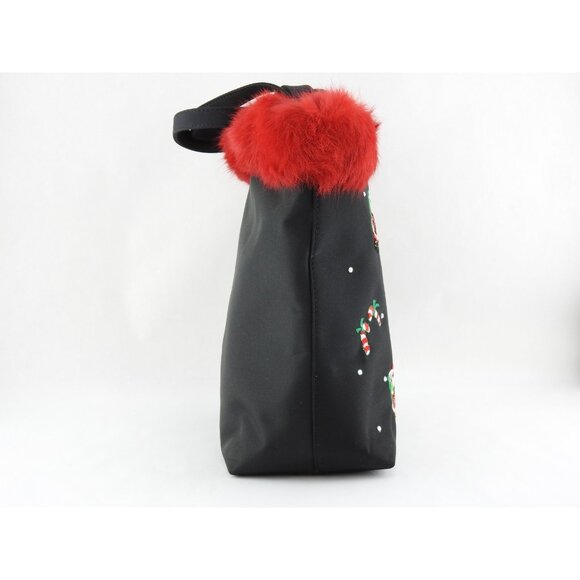 VTG Christmas Holiday Tote Bag Black Red Faux Fur Trim Embroidered Santa Sequin - Picture 6 of 14
